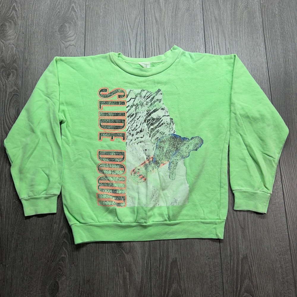 Vintage 80s Slide Down Tiger Graphic Sweatshirt Lime Green Neon Small